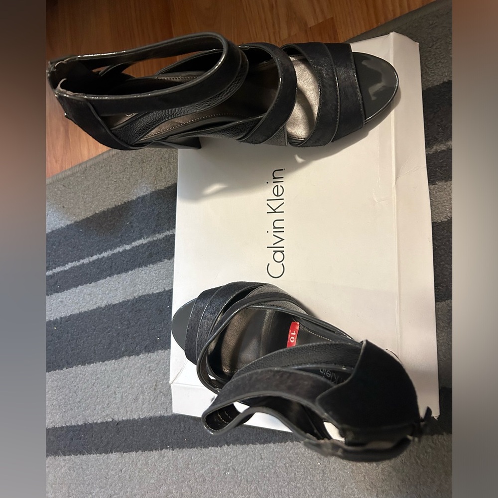 Brand new high heeled faux fur and leather sandals by Calvin Klein